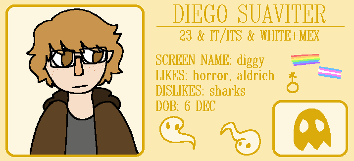 A yellow card. It reads DIEGO SUAVITER. 23 + IT/ITS + WHITE & MEXICAN. SCREEN NAME: diggy. LIKES: horror, aldrich. DISLIKES: sharks. DOB: 06 Dec.